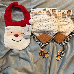 5pc NWT baby bibs teethers paci clip. Santa bib carters and boogin head